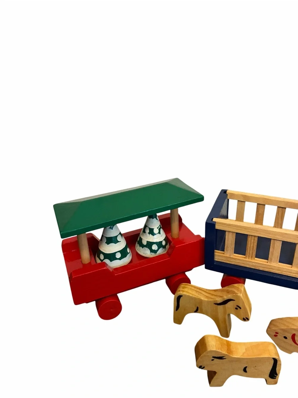 Vintage Wooden Toy Train Set Farm Animals and Christmas Trees 11 Piece